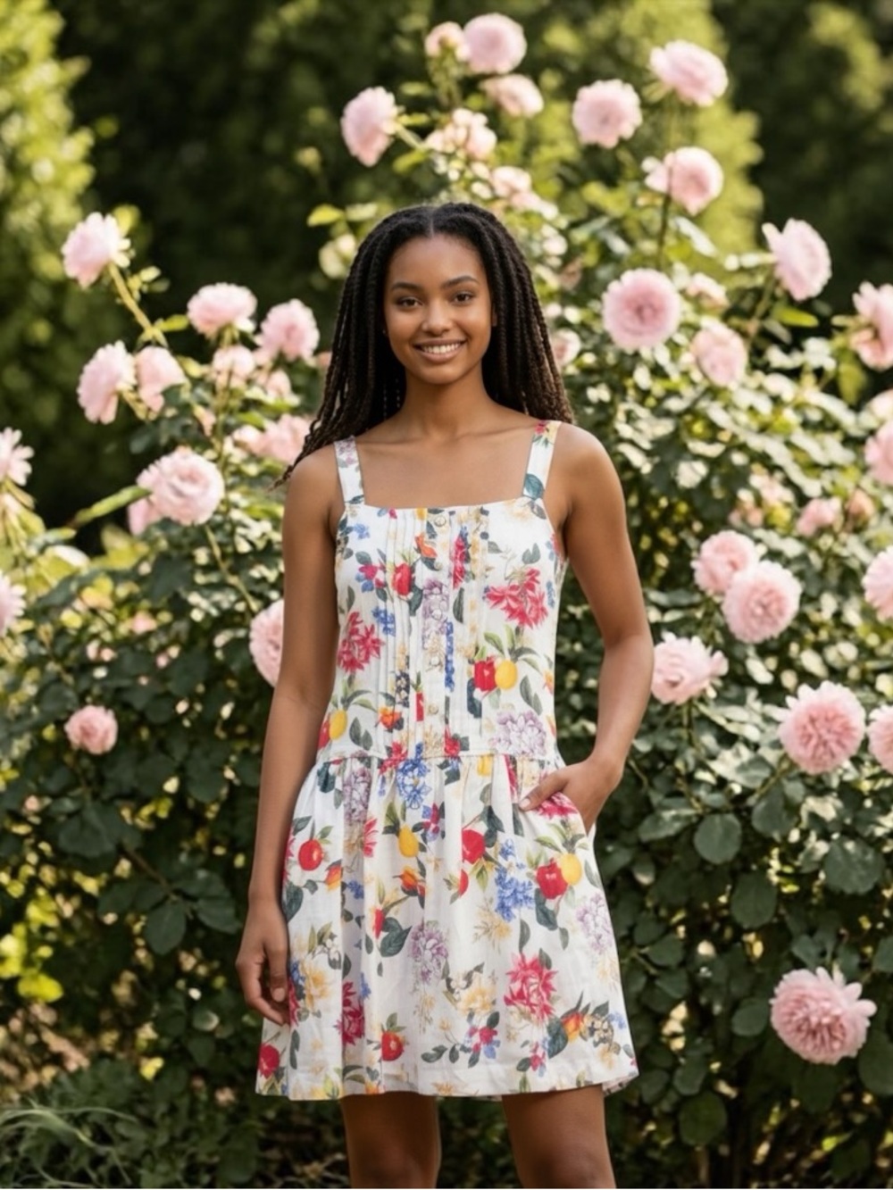 Taylor White Floral Sundress with Multicolor Fruit Print